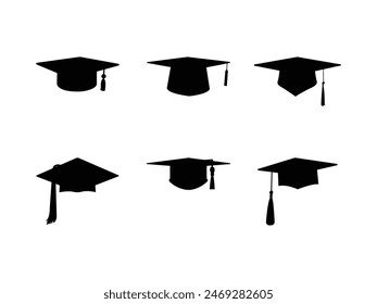 Group of Graduation Cap Silhouette isolated white background. Vector Illustration