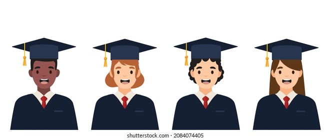 Group of graduation students isolated on a white background. Graduation of happy international students. Vector stock
