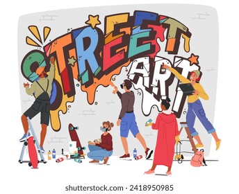 Group Of Graffiti Artists Collaboratively Use A Wall As Their Canvas, Expressing Social Commentary Or Intricate Designs Through Vibrant And Skillfully Applied Spray Paint. Cartoon Vector Illustration