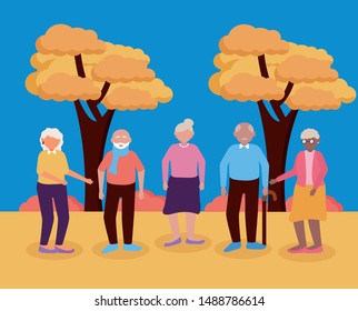 group grandfathers and grandmothers in the park - happy grandparents day vector illustration