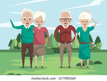 group of grandparents couples lovers in the field vector illustration design