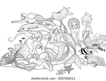 The group of graphic mermaids with the diverse appearances, caucasian and african sirens swimming with the dolphins and sitting on the stones.