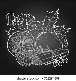 Group of graphic oranges decorated with holly plants and cinnamon sticks. Christmas design. Vector holiday art isolated on the chalkboard