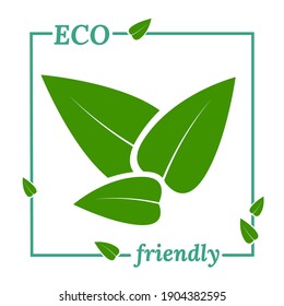 Group of green leaves in frame. Concept of assistance and protection of nature. ECO friendly text. Vector illustration for sticker, advertisement, banner design.