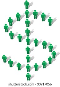 A group of green symbol people stand and cast shadows to form a large money dollar sign view from above.