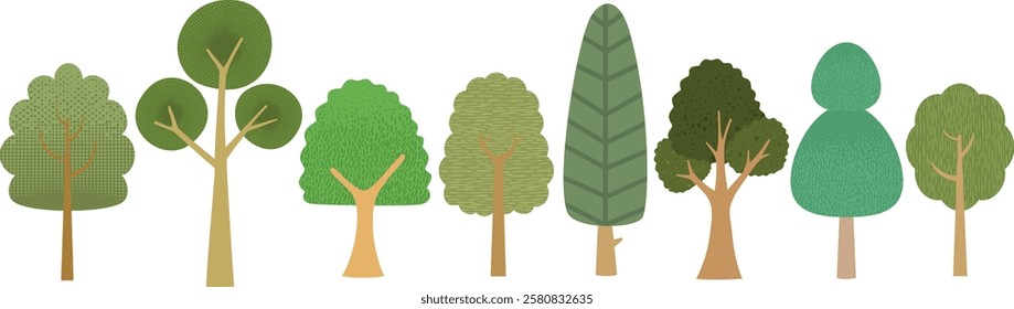 Group of green trees, vector cartoon illustration