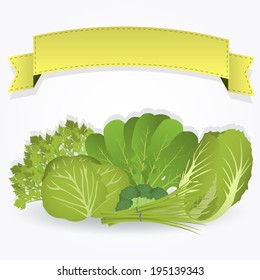 Group of greens with a ribbon with copy space. The greens are cabbage, arugula, broccoli, chard, celery, scallions. Group of greens with a ribbon.