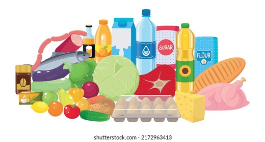 Group of grocery goods assortment. Basic food products. Meat, milk, oil, water, juice, fruits, vegetables, cheese, tea, coffee, flour, sugar, eggs. Vector illustration isolated