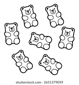 A group of gummy bears candy coloring page. Black and white line art illustration of a popular sweet treat. Printable activity sheet for kids' creative fun.
