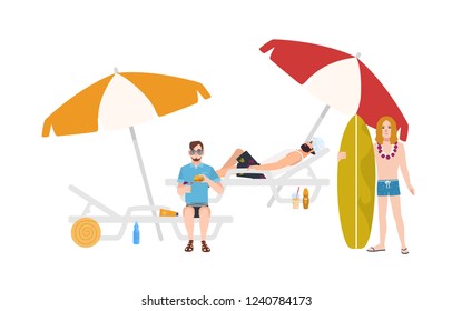 Group of guys in beachwear lying and sitting on sunloungers with umbrellas or standing beside it, relaxing and sunbathing. Young men in summer clothes on beach. Flat cartoon vector illustration.