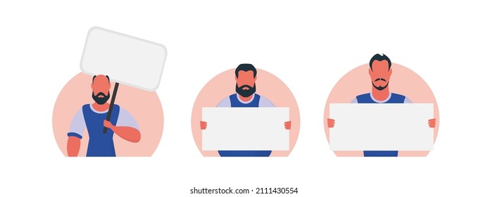 Group of Guys with blank banner isolated on white background. Cartoon style. Vector illustration.