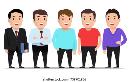 Group of guys in different clothes. Set of characters on a white background. vector illustration