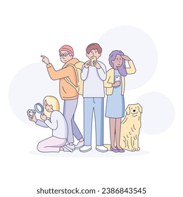 A group of guys of different nationalities, friends fashionably dressed in casual clothes stand with a dog. Vector stock graphics on a white background.