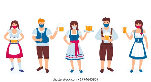 A group of guys and girls in national German costumes and protective masks are holding glasses of beer. Celebration of Oktoberfest during the coronavirus quarantine COVID-19.