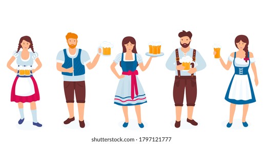 A group of guys and girls in national German costumes are holding glasses of beer. Celebration of Oktoberfest