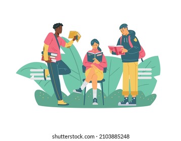 Group of guys and girls are reading books with interest in flat vector illustration isolated on white background. Students readers study at college or university. Scientific literature for education