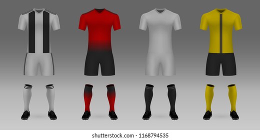 Group H of Champions League. Set of 3D realistic template soccer jersey Juventus, Manchester United, Valencia, Young Boys. t-shirt with pants on shop backdrop. Mockup of football team uniform 