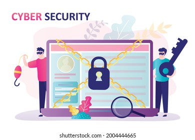 Group of hackers near laptop. Masked cybercriminal want steal personal data and passwords. Personal account is well protected, cybersecurity. Big padlock and chains on screen. Flat vector illustration