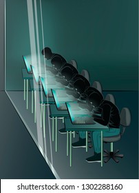 group of hackers is sitting at the laptops in the room, vertical vector illustration