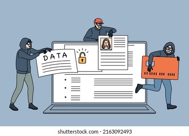 Group Of Hackers Steal Personal Information From Computer. Internet Thieves Hack Laptop Security System, Get Secured Data And Passwords. Web Robbery And Fraud. Vector Illustration. 