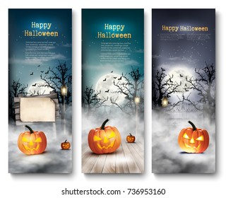 Group of Halloween banners with pumpkins and moon. Vector.
