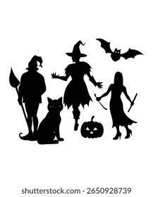 Group of Halloween Characters in Silhouette Witch, Pumpkin, Cat, Bat, Ghost