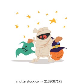 Group of halloween characters a zombie, a ghost and a pumpkin in a hat. Symbol of happy holiday. Design for autumn october party. Vector illustration.