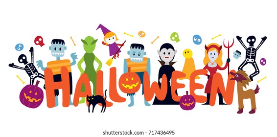 Group of Halloween Monster Characters  with Text, Colorful Vector Illustration