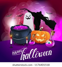 Group of Halloween monsters. Purple background