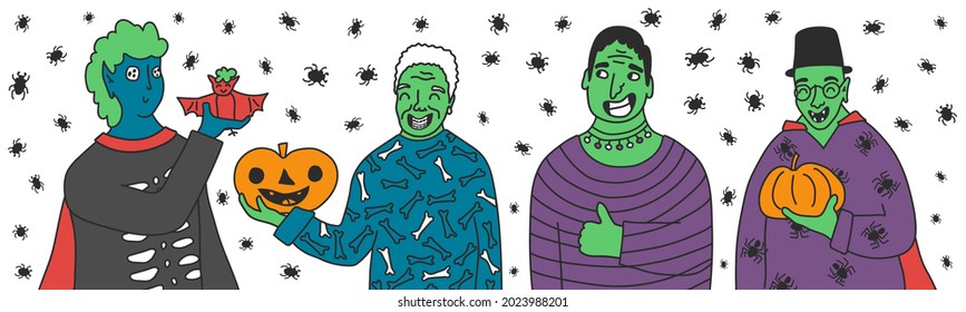 Group of Halloween party green and blue skin people with pumpkins, vampire bat. Vector illustration of zombies in costumes with strange eyes