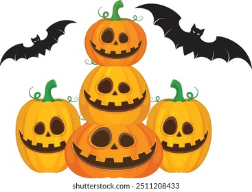 Um grupo de abóbora Halloween com um vetor de morcego horror sobre fundo branco, Jack-o-Lantern sobre fundo branco. Abóbora assustadora.