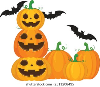 Un grupo de calabaza de Halloween con un Vector de murciélago de horror sobre fondo blanco, Jack-o-Lantern sobre fondo blanco. Calabaza aterradora