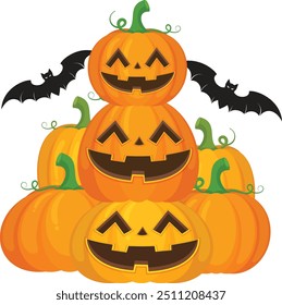 A group of Halloween pumpkin with a bat vector horror on white background, Jack-o-Lantern on white background. Scary pumpkin