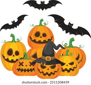 A group of Halloween pumpkin with a bat vector horror on white background, Jack-o-Lantern on white background. Scary pumpkin.