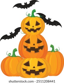 A group of Halloween pumpkin with a bat vector horror on white background, Jack-o-Lantern on white background. Scary pumpkin