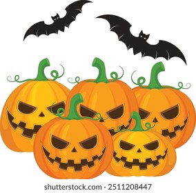 A group of Halloween pumpkin with a bat vector horror on white background, Jack-o-Lantern on white background. Scary pumpkin.