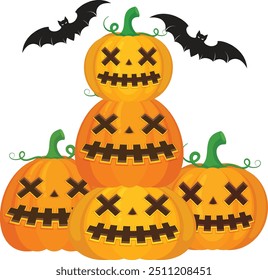 A group of Halloween pumpkin with a bat vector horror on white background, Jack-o-Lantern on white background. Scary pumpkin