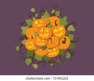 Group of Halloween pumpkin lantern on the leaves 