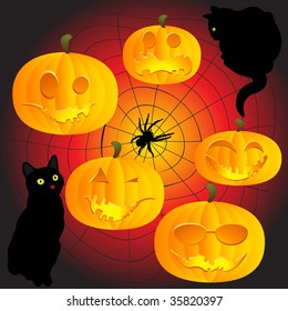 group of halloween pumpkins, black cats and spider web!