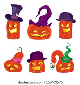 Group of halloween pumpkins jack-o'-lantern in hats
