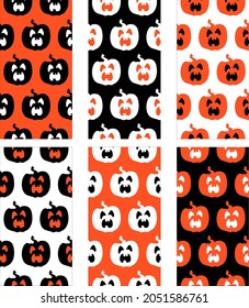 Group of halloween pumpkins patterns. Seamless vector texture background in black, orange and white pumpkin with crybaby face. Terrified expression. Spooky season.