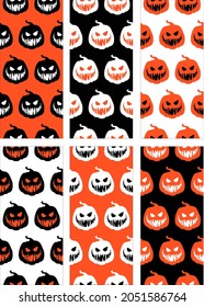 Group of halloween pumpkins patterns. Seamless vector texture background in black, orange and white pumpkin with horror smile expression with torn mouth. Spooky season.