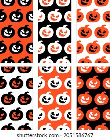 Group of halloween pumpkins patterns. Seamless vector texture background in black, orange and white pumpkin with vampire tooth. Crazy smile expression.