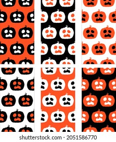 Group of halloween pumpkins patterns. Seamless vector texture background in black, orange and white pumpkin with confused expression. Poker face. Spooky season.