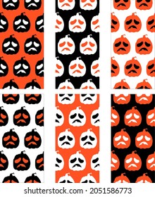 Group of halloween pumpkins patterns. Seamless vector texture background in black, orange and white pumpkin with confused expression. Poker face. Spooky season