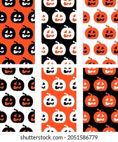 Grupo de patrones de calabazas de halloween. Fondo de textura vectorial sin foco en calabaza negra, naranja y blanca con expresión repugnante y repugnante.