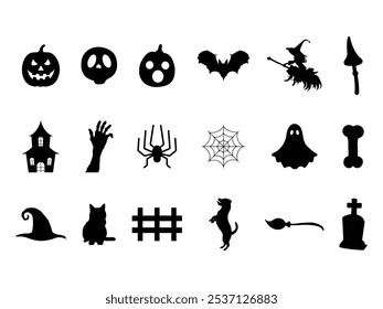 Group of Halloween Silhouette isolated white background. Collection elements Halloween Vector Illustration