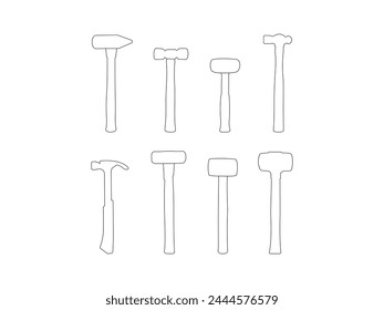 Group of Hammer Outline isolated white background. Vector Illustration