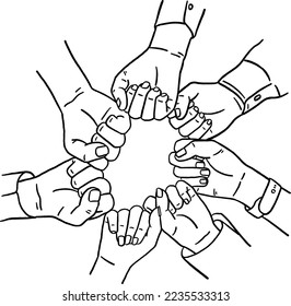 Group of Hand bumping fists Teamwork concept Hand drawn line vector illustration