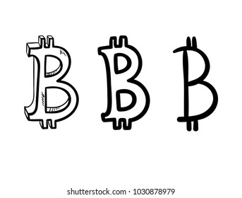 Group of hand drawn bitcoin icon symbols. Cryptocurrency concept vector illustartion.